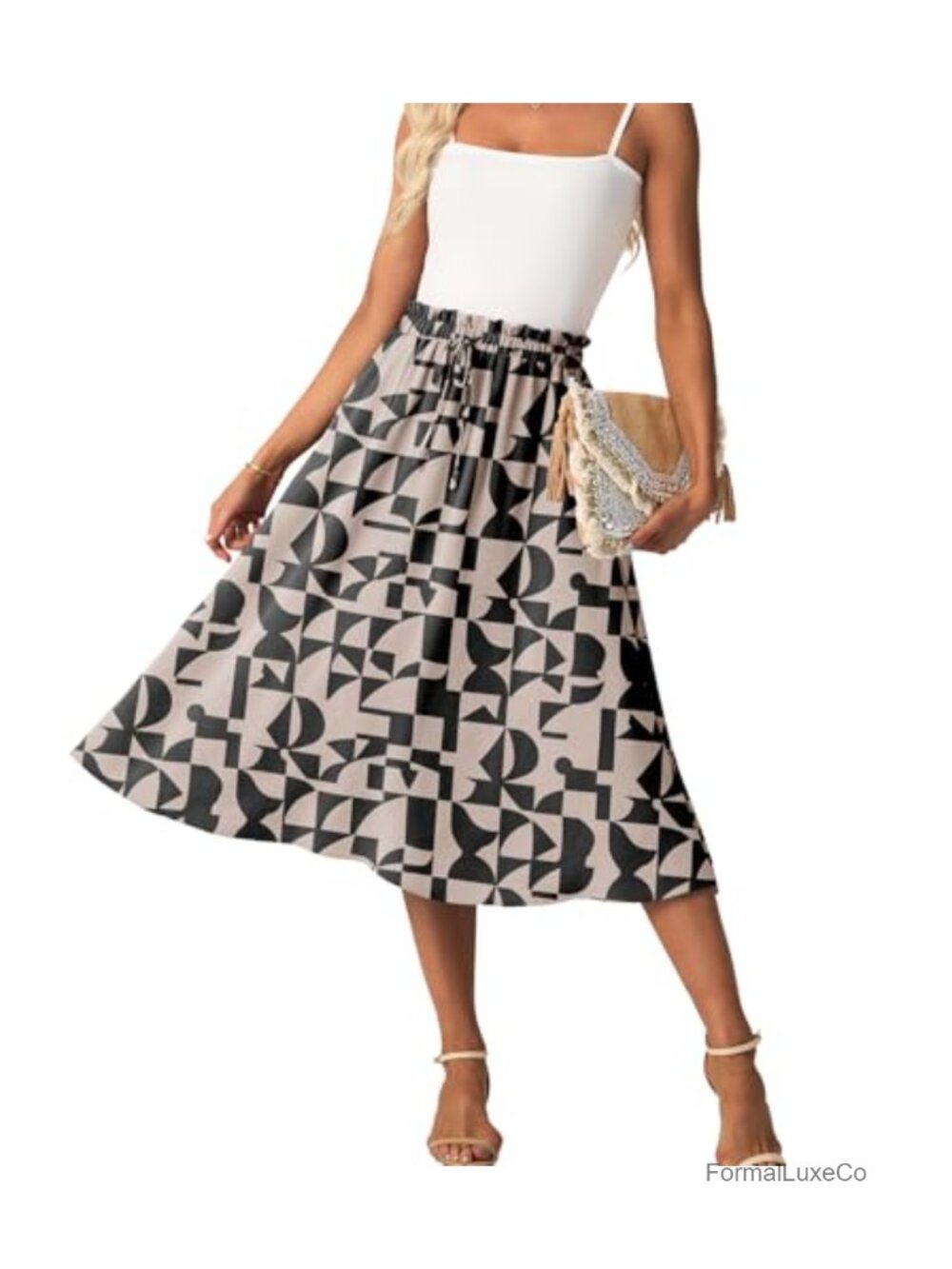 High Waist A-Line Midi Skirt with Pockets Flowy Summer Below Knee